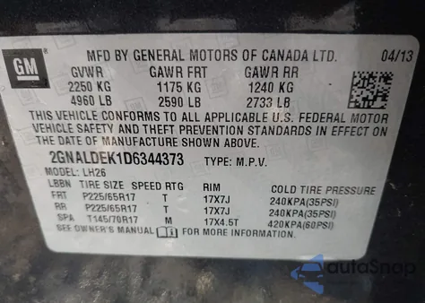 2013 Chevrolet Equinox 1Lt из США, поврежденный, VIN 2GNALDEK1D6344373